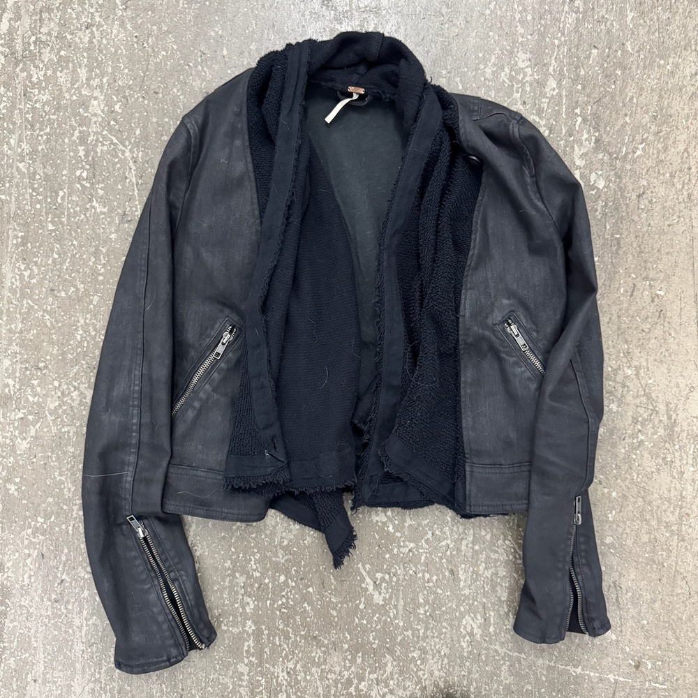 Free People Waxed Jacket 2 Black Excellent Moto Coated Denim Hooded OB375520